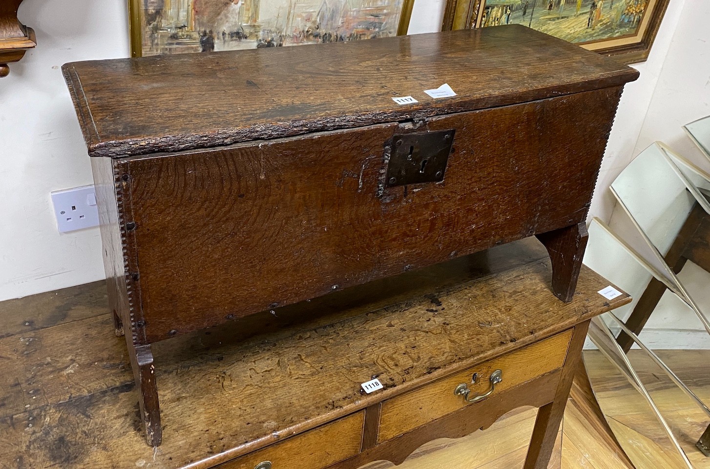 A small 18th century oak six plank coffer, length 87cm, depth 32cm, height 49cm